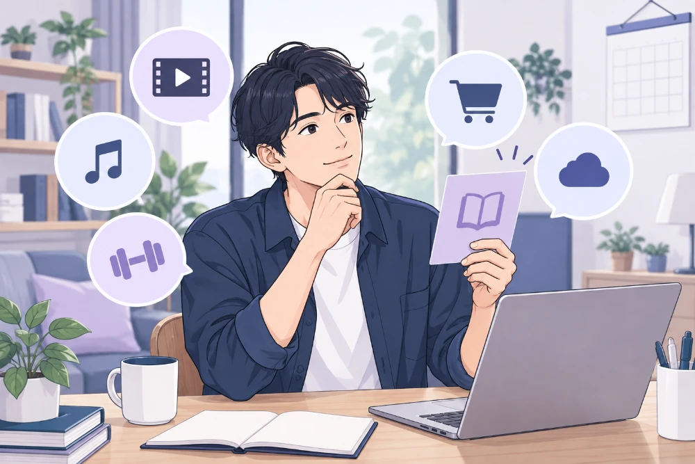 男性がサービスを表すカードを手に取り、生活での使い道を考えるイラスト。