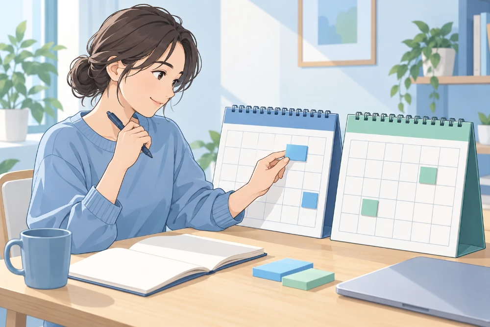 女性が二つのカレンダーを見ながら、契約の確認予定を整理しているイラスト。
