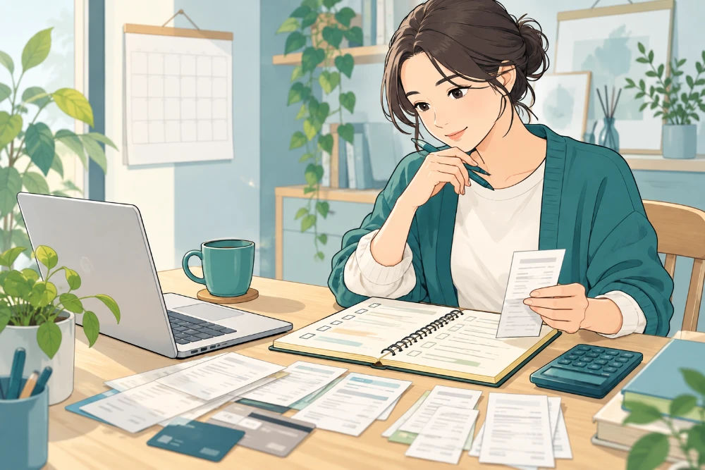 女性が請求の記録とノートを見比べ、確認した契約を整理しているイラスト。