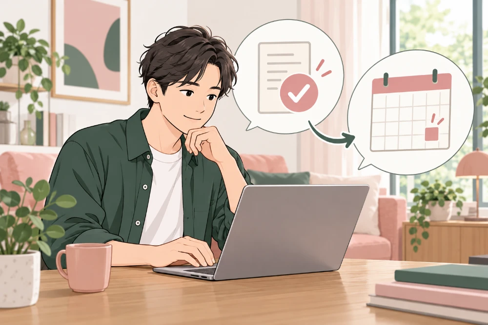 男性が端末を見ながら、変更の完了記録と次回の予定を確認するイラスト。