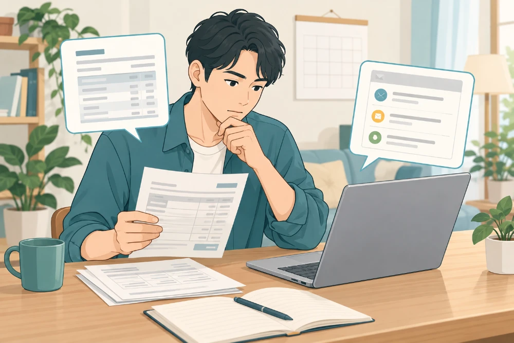 男性が明細と契約メールを照らし合わせ、支払いの内容を確認するイラスト。