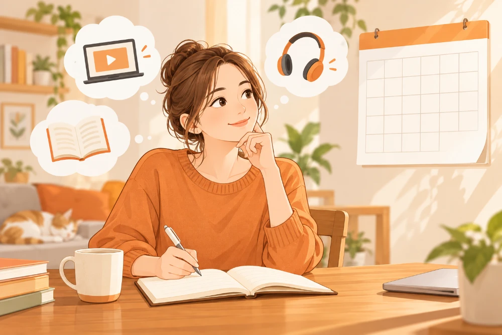 女性がノートを開き、無料体験で利用した内容を振り返っているイラスト。