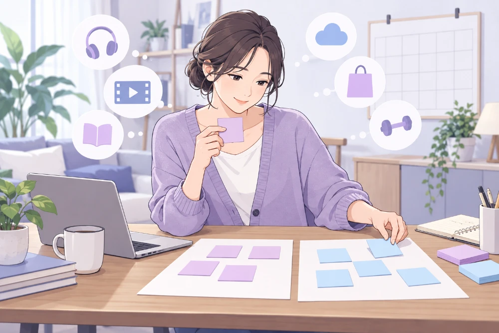 女性が付箋を二つのグループに分け、契約を整理している様子のイラスト。