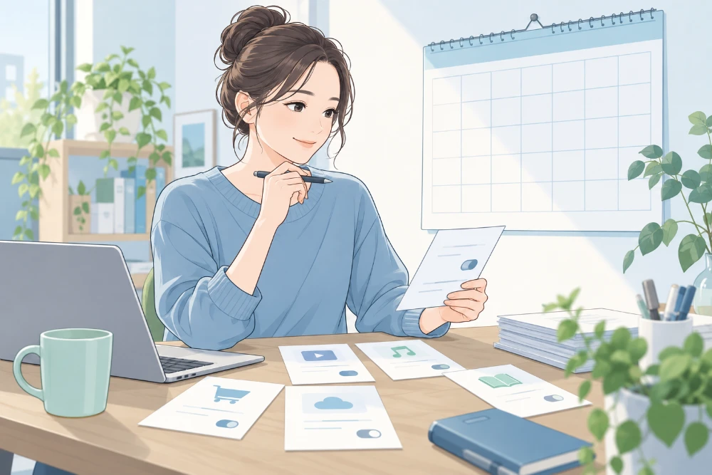 女性がサービスを表すカードと予定表を見て、契約を振り返っているイラスト。