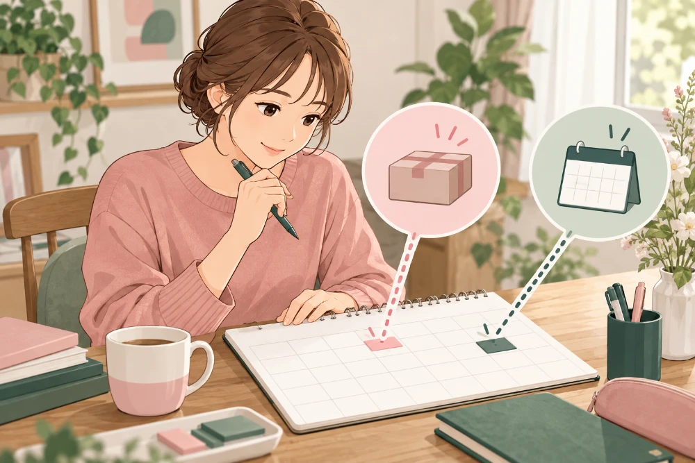女性が予定帳を開き、お届けと変更の時期を分けて考えているイラスト。