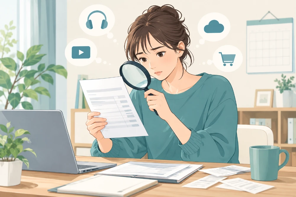 女性が拡大鏡で明細の内容を調べ、何の支払いかを考えている様子のイラスト。