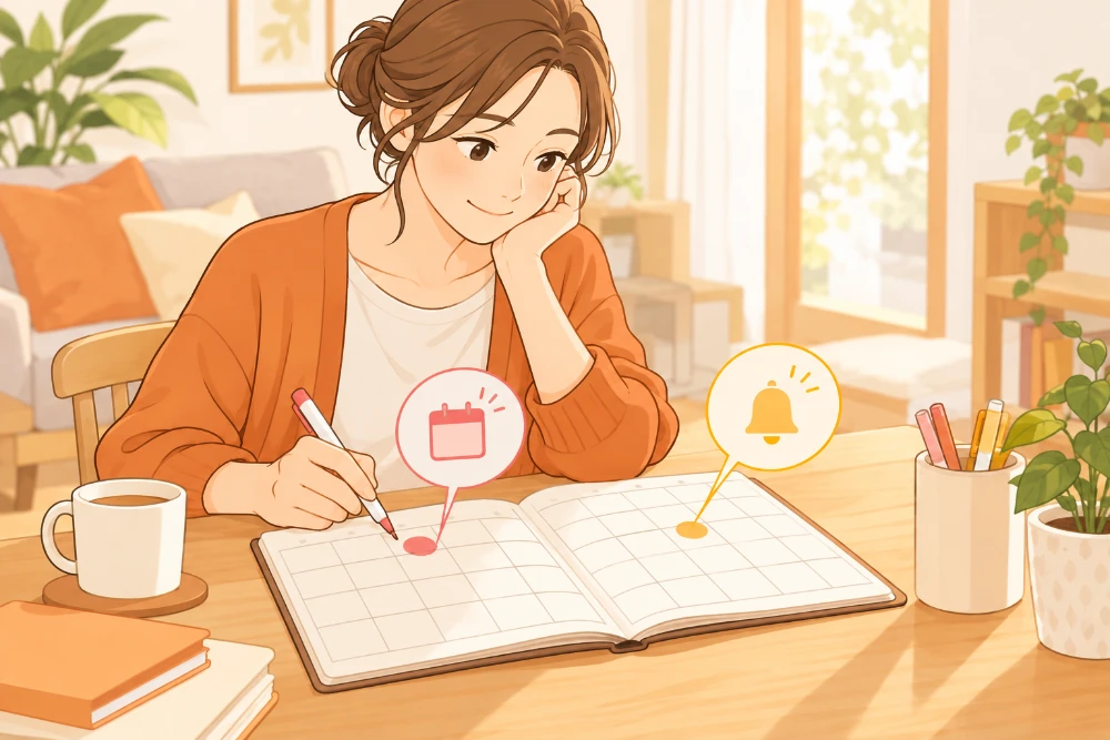 女性が予定帳に印を付け、終了日と確認する日を分けて考えるイラスト。