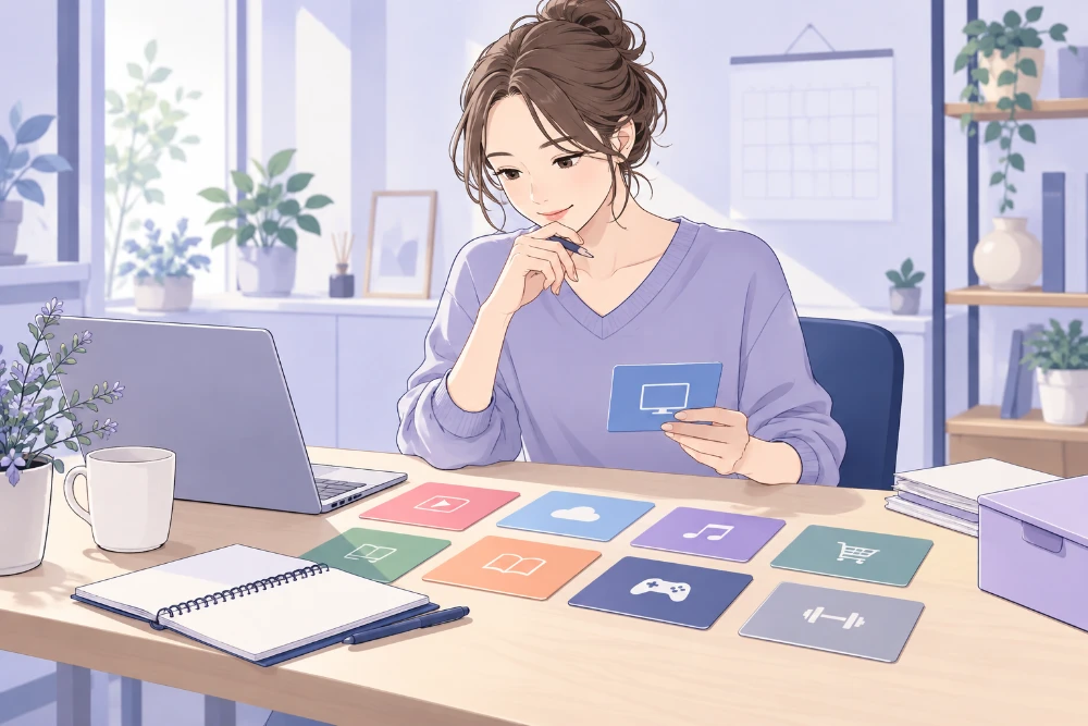 女性が机に並べたサービスのカードを見ながら、残す契約を考えるイラスト。