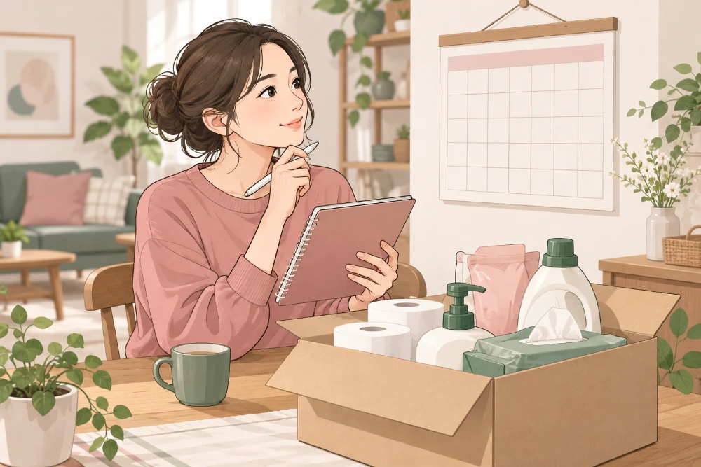女性が日用品の定期便と予定帳を確認し、次に必要な量を考えるイラスト。