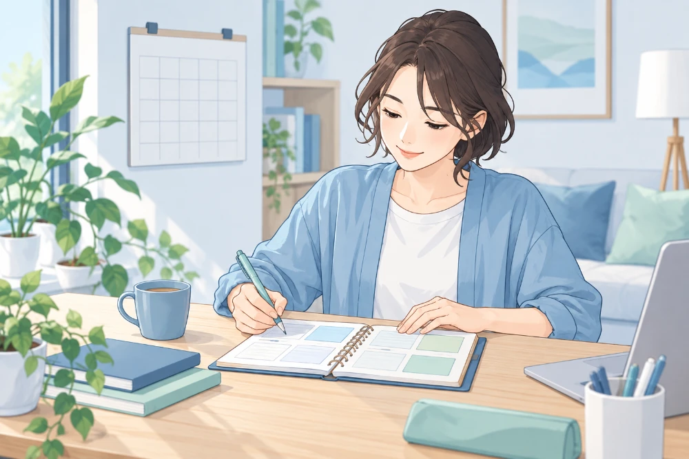 女性が契約について確認した内容を、手元のノートへ記録しているイラスト。